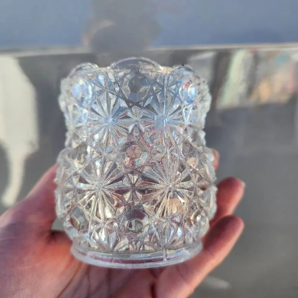 Small floral etched glass clear vase container Victorian vintage